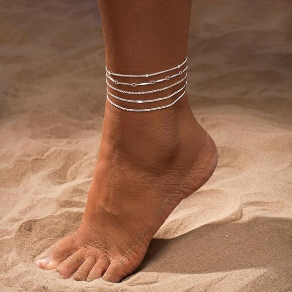 5 Pairs Anklets-Silver Bracelets for Women Trendy Dainty Waterproof - Picture 2 of 5